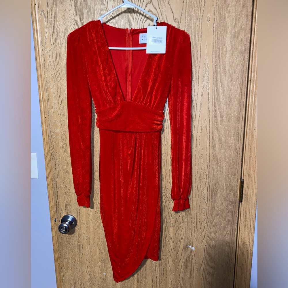 Hello Molly long sleeve red velvet red dress NWT
